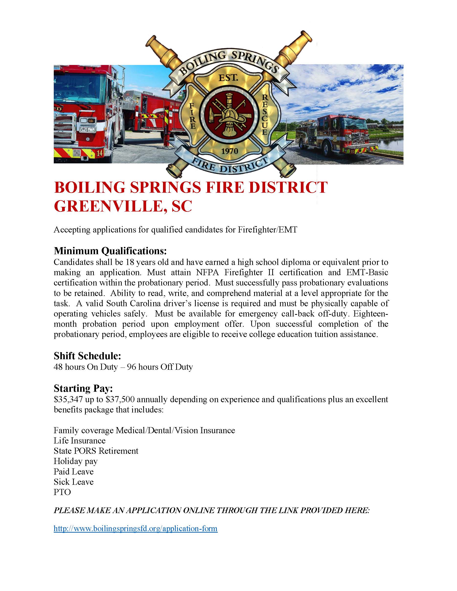 Firefighter Position Boiling Springs South Carolina State