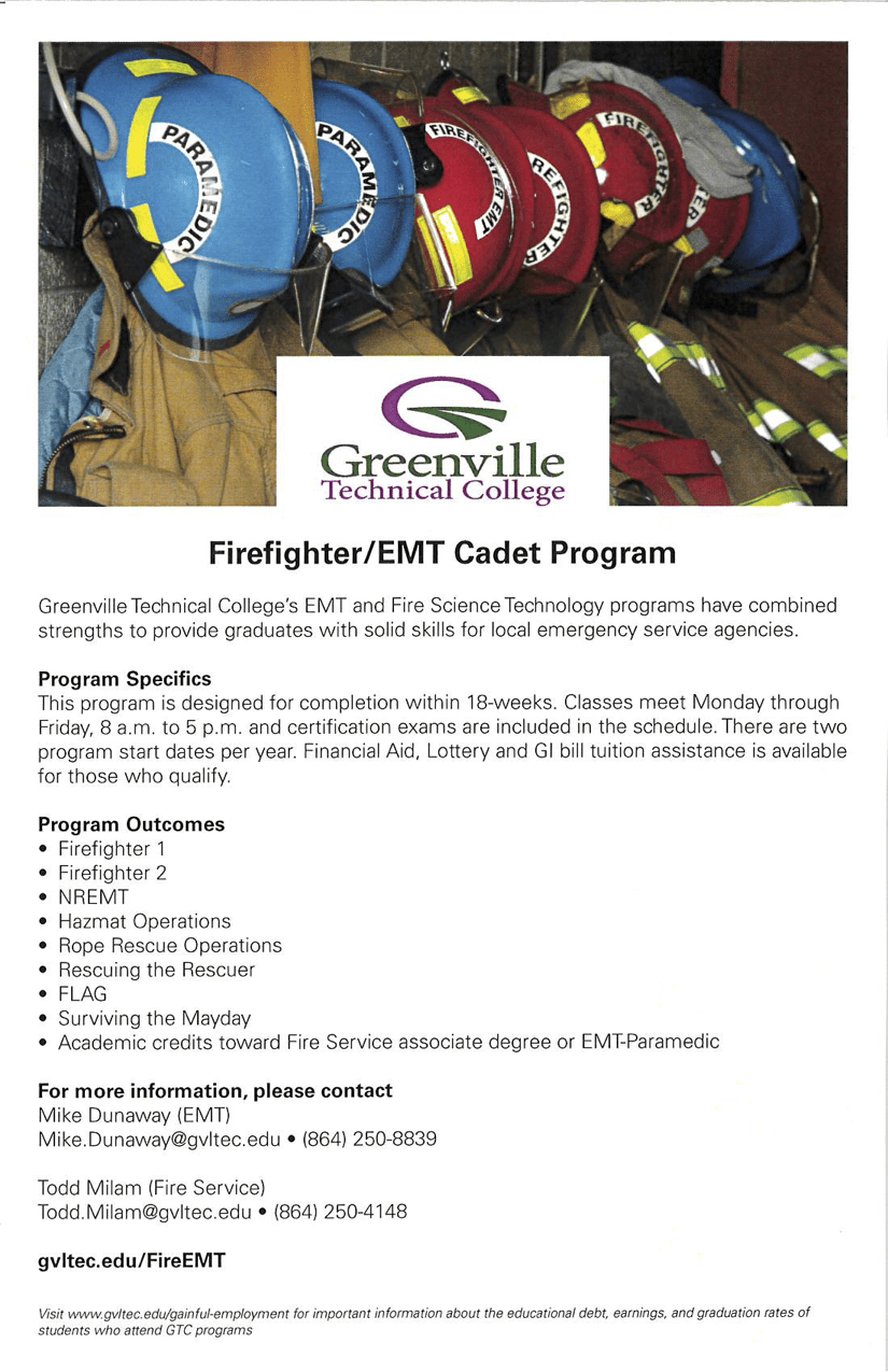 Greenville Tech announces new FF/EMT Cadet program South Carolina